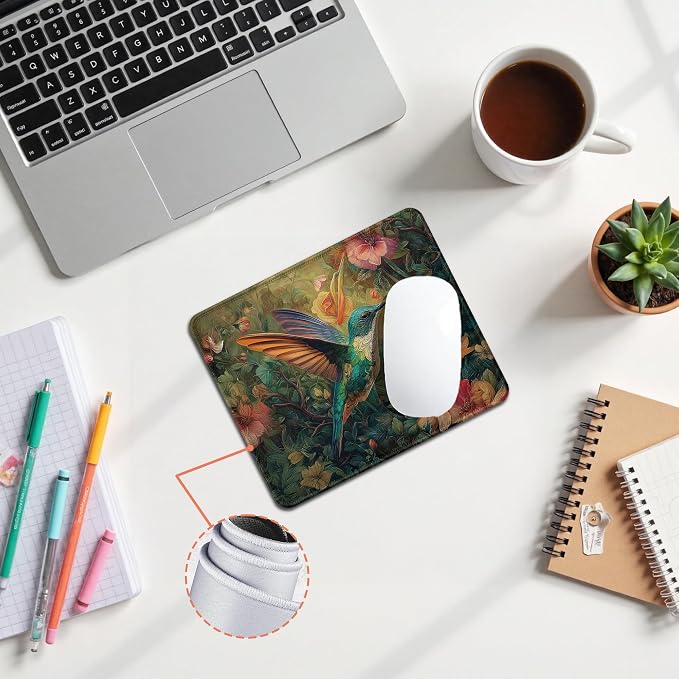 Vintage Floral Hummingbird Mouse Pad, Hummingbird Gifts for Women, William Morris Inspired Cottagecore Flower Humming Bird Mouse Pad for Home Office Computer Gaming Desk Essentials, 9.5x7.9 Inch