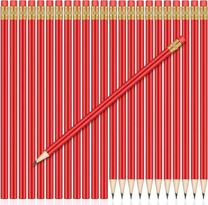 Outus 24 Pieces Round Pencils HB Graphite Pencils Wood Pencils with Eraser Cute Pencil Pack for School Drawing Sketching Wedding Office Supplies(Red)