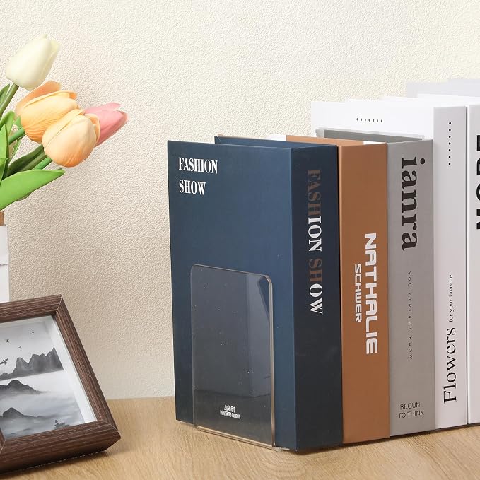 16 Pcs Acrylic Bookends, Book Ends Clear Acrylic Bookends for Shelves, Transparent Bookend Organizer, Book Holder Stand Decorative, Book Stoppers for Heavy Duty Books, CD, File, Video Games