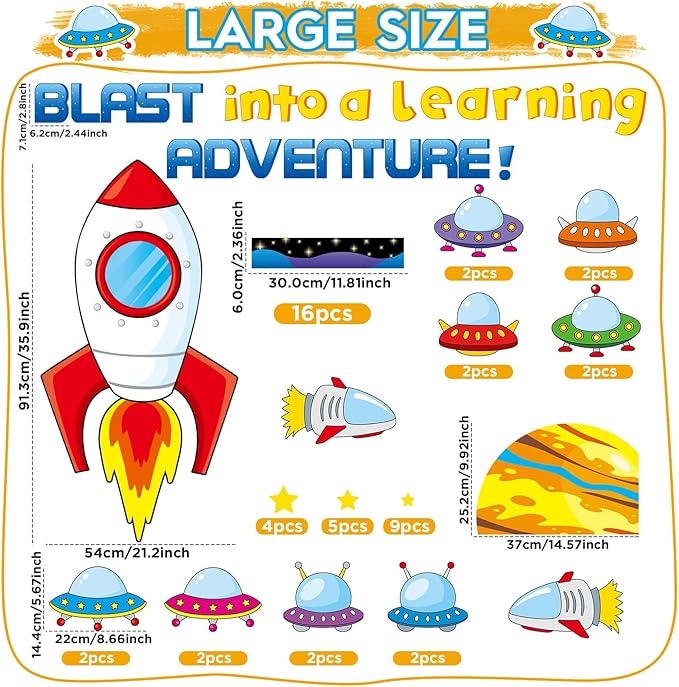 Outer Space Bulletin Board Set Blast into A Learning Adventure Classroom Bulletin Board Decorations Spacecraft DIY Photo Space Themed Cutouts for Back to School Kids Classroom Chalkboard Wall Decor
