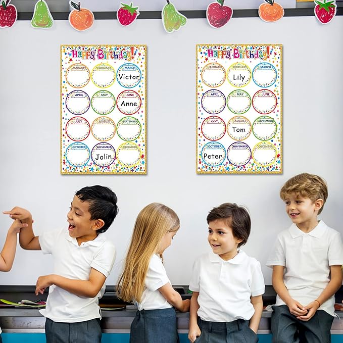 Wiooffen Happy Birthday Chart for Classroom, 2Pcs Birthday Poster Decoration 17’’ x 12’’ Colorful Dots Birthday Cake Calendar Cutouts for School Bulletin Board, Chalkboards, Wall Decor