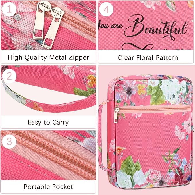 Laumoi Bible Cover Case for Women 10'' Flower Bible Holder Case Large Religious Carrying Bag for Women Study Christian Book Gift (Pink Flower)
