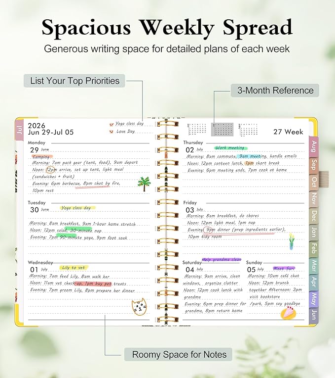 Academic Planner 2026-2027, Hardcover Weekly and Monthly Calendar Planner from July 2026 - June 2027, Daily Agenda Planners with Tabs, College School Organizer for Student Teacher, A4 (8.5" x 11"), Beige Bouquet