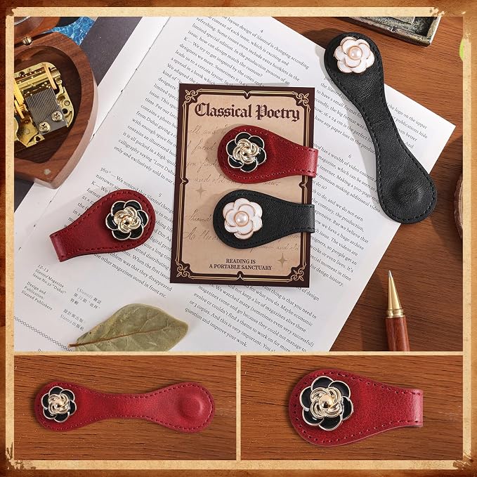 2PCS Magnetic Bookmarks with Pen Clip, Leather Bookmarks for Women, Magnetic Pen Holder Book Accessories, Gold Camellia