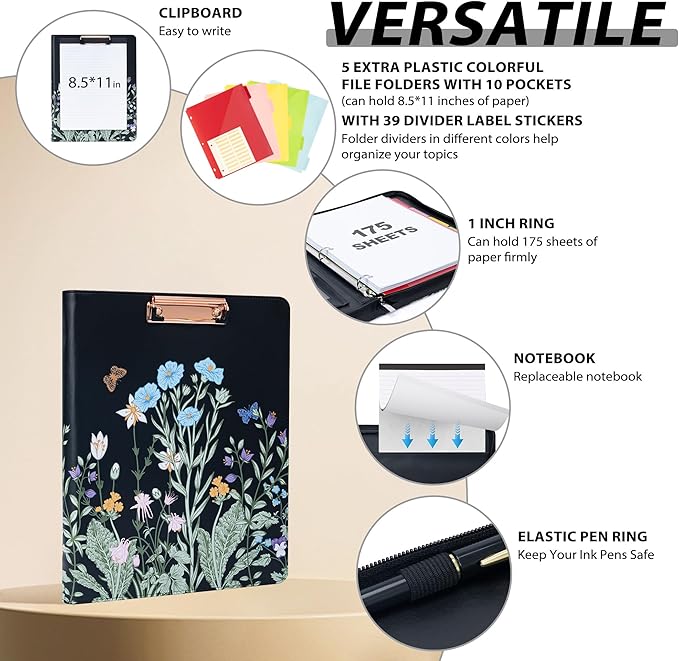 Ospelelf Leather Clipboard with Storage, Zippered Padfolio Portfolio Organizer, 3 Ring Binder 1 Inch, Notepad, Tablet Sleeve, 5 Dividers with Pocket for Office,Students, Teachers Night Flowers
