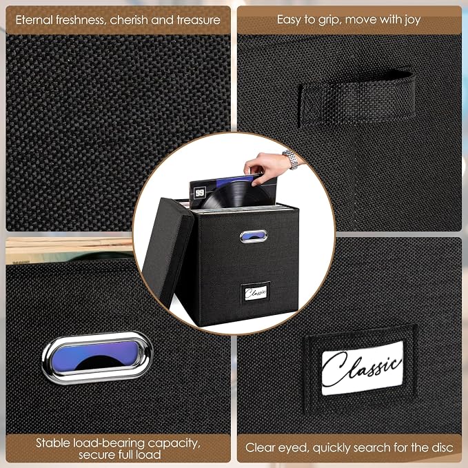 Vinyl Record Storage Box for 50+ Single LPs (12-Inch), Stackable Albums Linen Crate with Lid, Collapsible Play Music Collection Holder, Document File Folder Cabinet Organizer Case with Handle