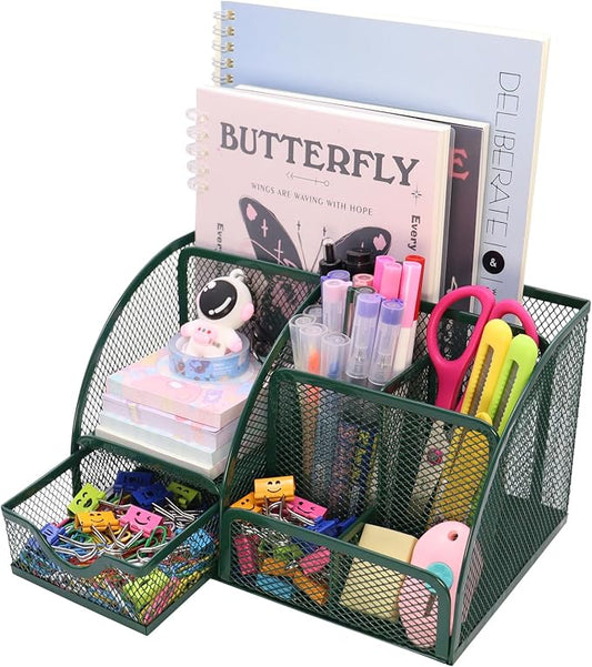 Boutilon Mesh Desk Organizer Desktop Office Supplies Stationary Organizer with 6 Compartments and 1 Drawer Multi-Functional Caddy Pen Holder for Home Office School Desk Decor(Dark Green)