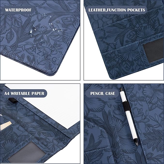 Free Engraved Name,Embossed Padfolio Portfolio PU Leather Binder,Interview Resume Folder,Business Card Holder, Organizer with A4 Legal Pads for Men Women(Blue,Custom)