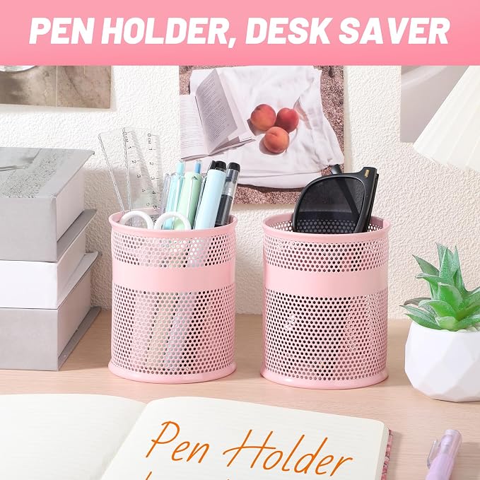 Segarty Pen Holder, 12 Pack Pink Pencil Holder, 3.3 x 3.9 inch Pens Cups, Round Metal Pencils Container Desktop Organizer for Office Supplies, School Classroom, Makeup Brush