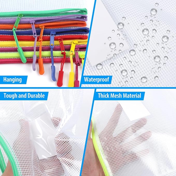 18 Pack A4 Mesh Zipper Pouch Bags, Mesh Bags with Label Pocket,Zipper Pouches of Office Supplies, File Bags for Classroom Organization,Puzzles, Board Game Storage