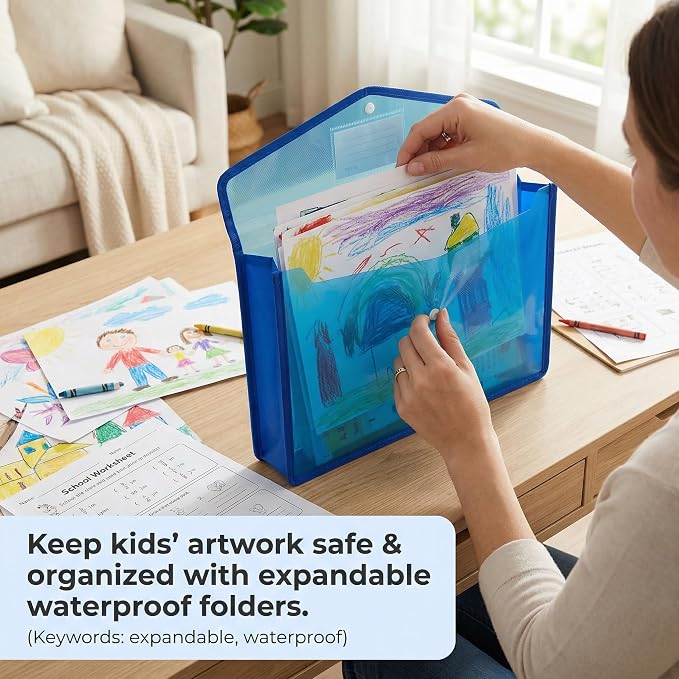 12PCS A4 Size Plastic File Folder - Expandable Poly Envelope Waterproof Transparent File Pouch with Snap Closure and Label Pocket, Assorted Colors
