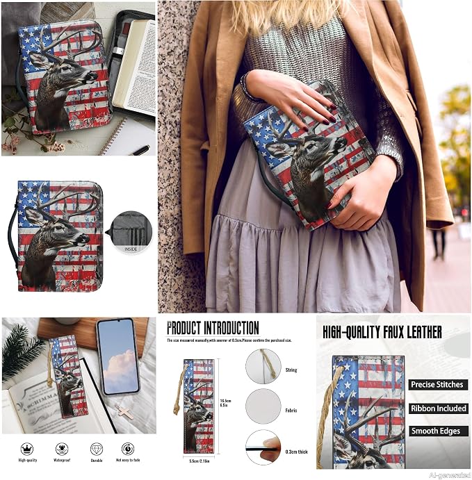 Lotusorchid American Flag Deer Print Bible Cover with Matched Book Marks for Women, PU Leather Bible Carrying Case Bible Bag for Men Protective Bible Case with Pen Storage, Size 2XL