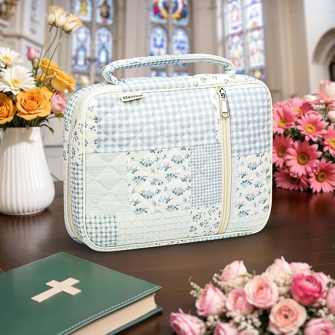 WOBAGMEN Bible Cover Case for Women,Large Bible Tote Bags Organizer Quilted Carrying Case for Girls,Bible Study Supplies Accessories Christian Gifts for Women (greenblue pin, L)