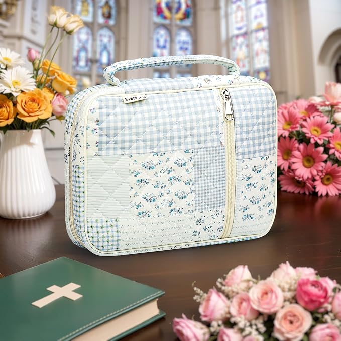 WOBAGMEN Bible Cover Case for Women,Large Bible Tote Bags Organizer Quilted Carrying Case for Girls,Bible Study Supplies Accessories Christian Gifts for Women (greenblue pin, L)
