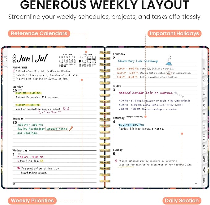 Planner 2026–2027, Weekly & Monthly Academic Organizer for School Year, Jul 2026–Jun 2027, Hardcover Planner with Tabs, Back to School Essential, 6.3" x 8.5", Wild Harmony
