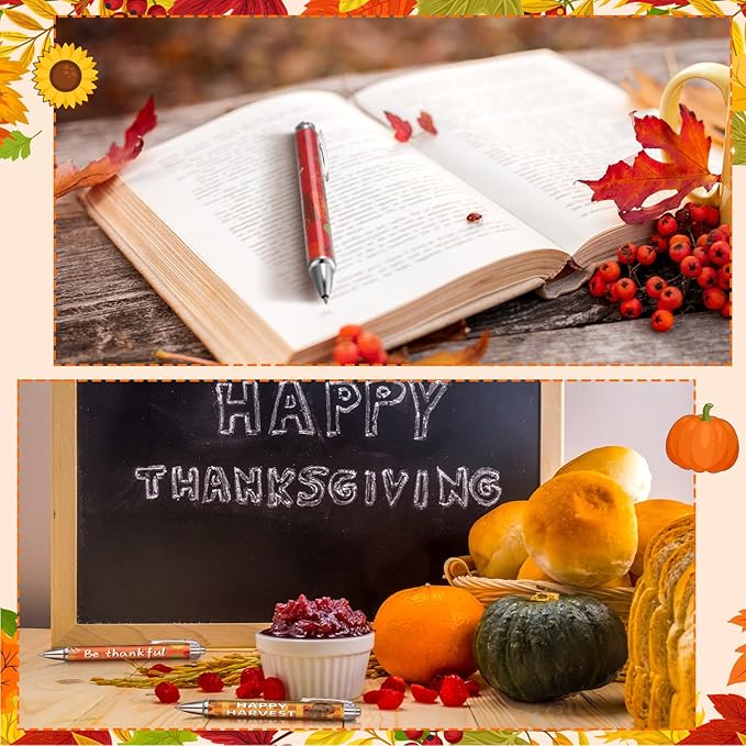 Sayglossy 50 Pcs Thanksgiving Pens Bulk Fall Thanksgiving Party Favors Black Ink Writing Ballpoint Pen Pumpkin Autumn Maple Leaf Smooth Click Ballpoints for Autumn Harvest Party Gift Supplies
