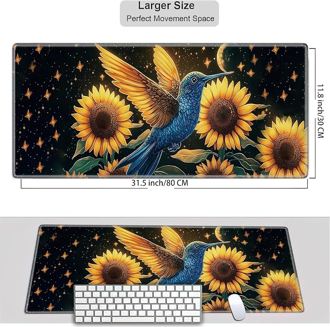 Mouse Pad Gaming Mousepad 31.5x11.8 Inch XXL Large + Coasters,Desk Mat with Stitched Edges, Non-Slip Rubber Base, Thick Mouse Pad for Computer, Laptop, Office & Home - Sunflower Hummingbird
