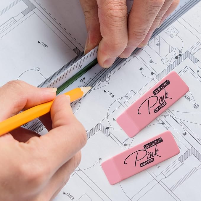 BAZIC Products Pink Eraser, Latex Free Bevel Block Erasers, Large Size for Classroom, Office, and Art Use, Smooth Pencil Correction for Writing, Sketching, & Daily Tasks, 12/Pack, 12-Pack