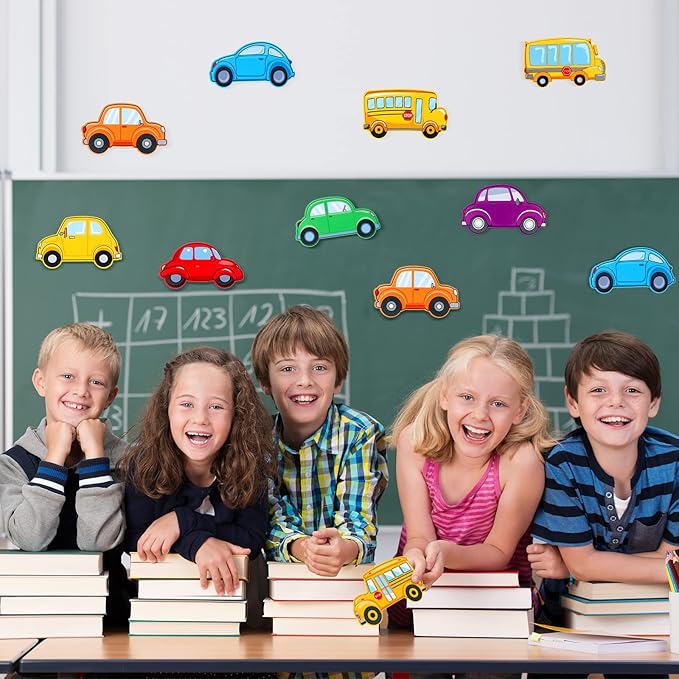 45 Pieces Colorful Cars and School Bus Cutouts Car Bulletin Board Bus Name Tags School Bulletin Board Cutouts Decorations for Classroom Preschool, 9 Styles