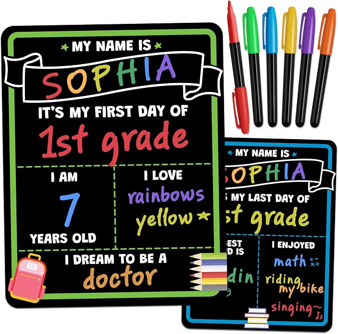 First Day of School Sign Board with Liquid Chalk Markers - 14”x11” Double-Sided & Reusable - My First and Last Day - Back to School Supplies Board for Kindergarten, Preschool