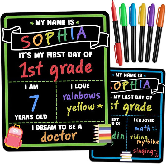 First Day of School Sign Board with Liquid Chalk Markers - 14”x11” Double-Sided & Reusable - My First and Last Day - Back to School Supplies Board for Kindergarten, Preschool