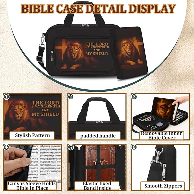 2-in-1 Lion Bible Bag for Men with Removable Bible Cover, Bible Cover with Journaling Kit & Shoulder Strap, Highlighters and Cross Clips for Bible Study & Church, Christian Gift for Men