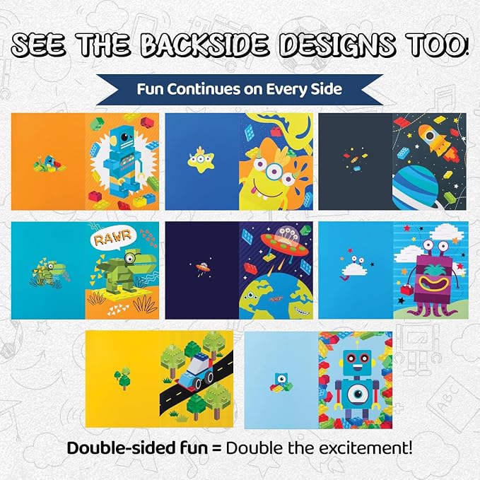 8 Kids Pocket Folders - Homework Folders in Futuristic Robots, Spaceships and Blocks Themes - Kids Folders with Pockets -8 Unique Designs in Front and Back Cover- 2 x 9.25 inch (8 Pack)