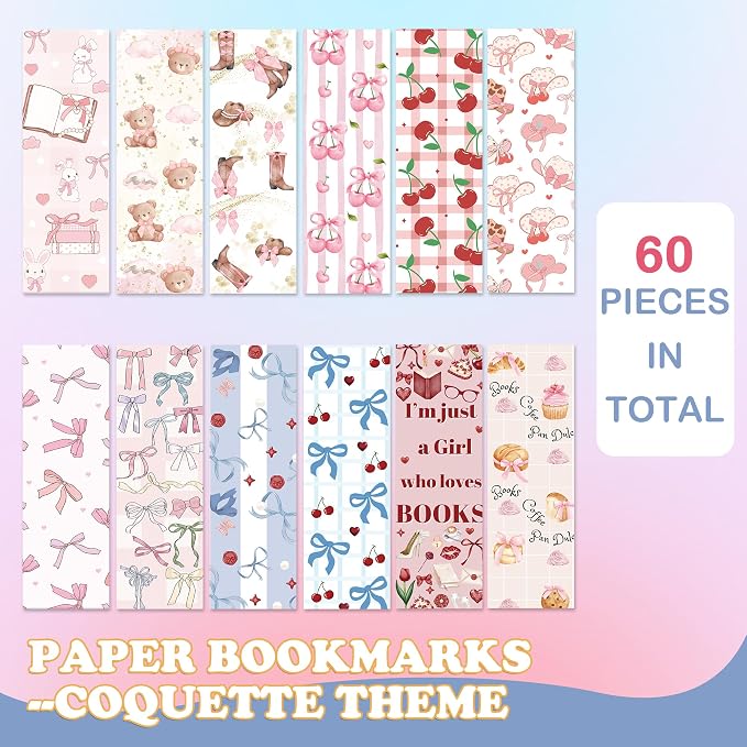 Coquette Aesthetic Bookmarks, 60 Pcs Vintage Cute Paper Book Marks Gifts(6 × 2 in), Pink Bow & Cherry Designs, Double-Sided Glitter-Laminate Reading Accessories for Women and Book Lovers