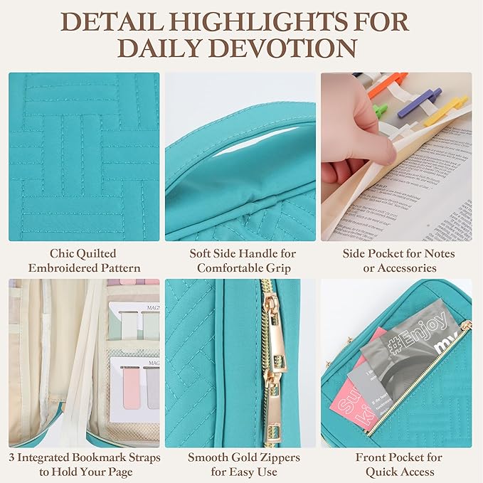 Durable and Protective Bible Cover Case for Women,Portable Bible Carrier Organizer Bag with Zipper,Christian Gift for Women,Includes 15 Magnetic Bookmarks,Great for Church,Travel or Daily Use, Mint