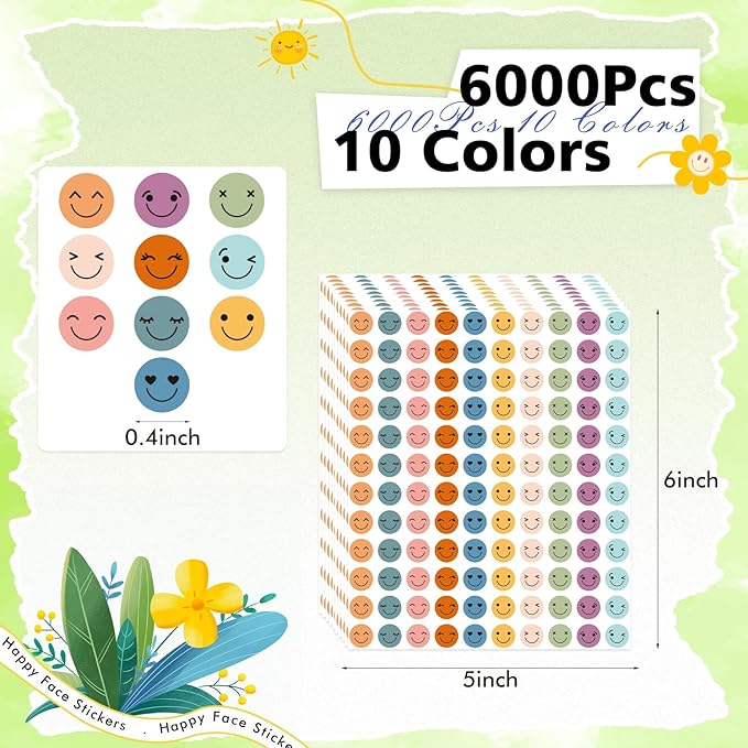 6000 Pcs Boho Smiley Face Stickers - 0.4 inch 10 Colors Mini Dot Bohemian Style Happy Face Stickers for School Reward Chart Students Teacher Supplies