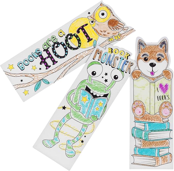 Juvale Bookmarks for Kids - 24-Pack, 2 x 6 in, White Cardstock - DIY Kit & Color Your Own Bookmarks with Bookworm Designs for Classroom Art & Party Favors