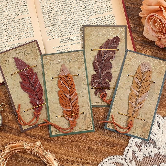 icceemee 4pcs Leather Feather Bookmarks with Bookmarks for Women, Writers, Readers Durable Book Markers Book Accessories Unique Gifts for Men, Women