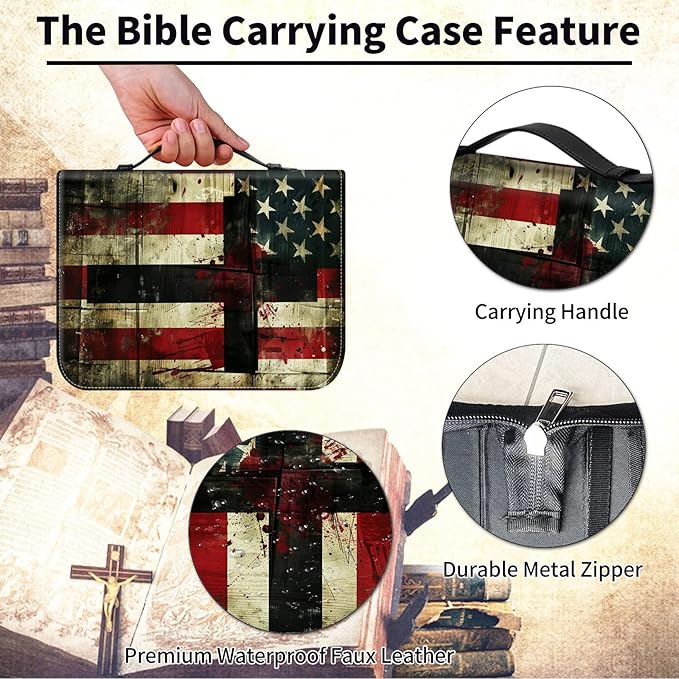 Bible Cover for Men Women,Large Leather Bible Case Fit Book Up to 11x8x2 Inch,Cross on American Flag Bible Covers Bible Study Carrier Church Bags w/Handle & Zipper