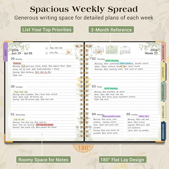 Academic Planner 2026-2027, 18 Months Weekly and Monthly Calendar Planner from July 2026 - December 2027, 7.3" x 10" B5 Large Hardcover Agenda Organizer Book with Tabs, Yearly Daily Planners for School Work Student Teacher, Black Flower