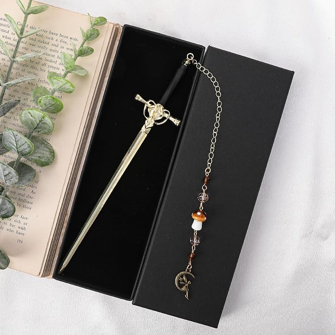 Fantasy Mushroom Sword Bookmark - Unique Fairy Elf Charm Metal Book Marks Crystal Beads Chain Page Mark Bookish Birthday Gifts Reading Accessories for Women Students Teachers Lovers Readers