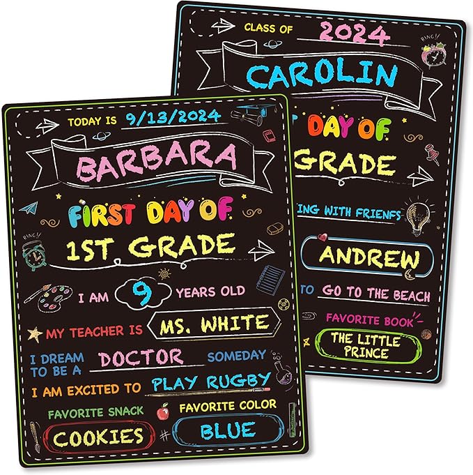 First Day of School Board, Back to School Sign, Reusable Color Painting Last Day Board, Washable Chalkboard Signs for Kindergarten Pre-K Gift 13" X 10.5"