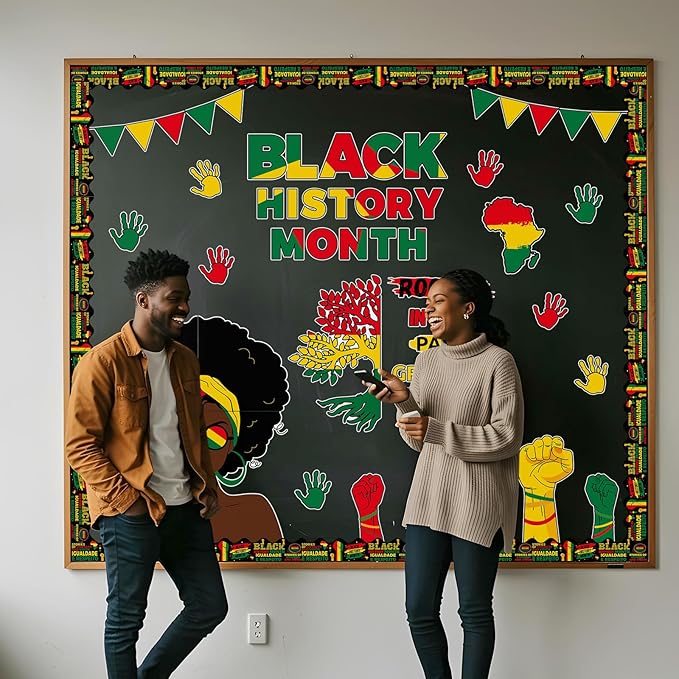 89 Pcs Black History Month Decorations Classroom Black History Bulletin Board Set African American Inspirational Bulletin Board Cutouts Borders for School Wall History Month Classroom Decor