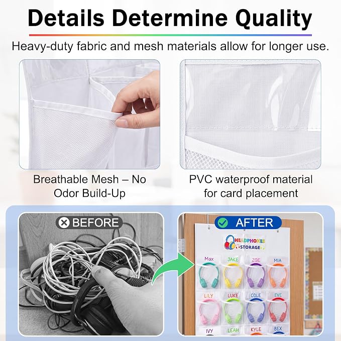 AmazingSpark 16 Pockets Classroom Headphone Storage Thickened Non-woven Fabric Mesh Pocket Chart Over The Door Hanging Cell Phone Organizer with Signed Card for Back to School Classroom Library, White
