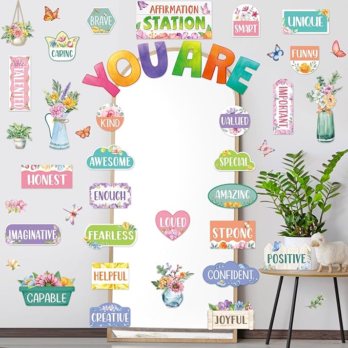 45pcs Spring Bulletin Board Set Motivational Posters Classroom Mirror Growth Mindset Decor Positive Affirmations Accents Flower Cutouts for School Office Home Teacher Wall