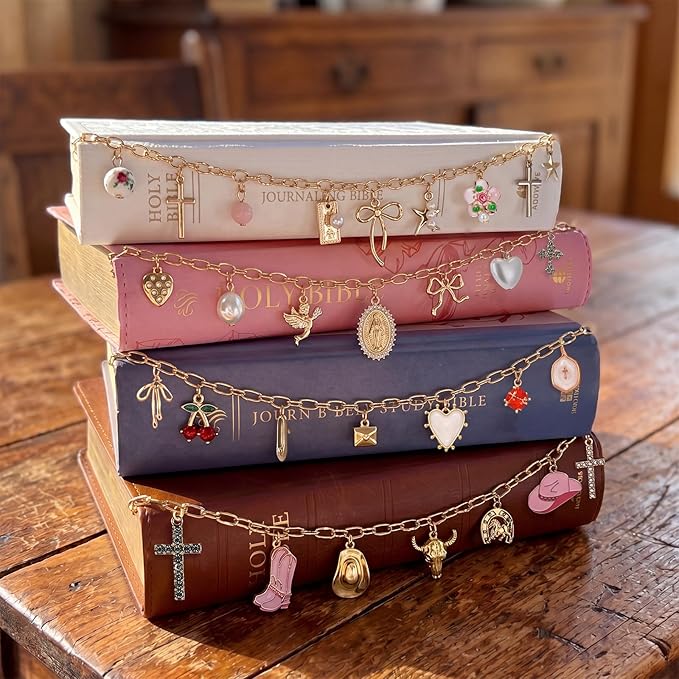 4 Pcs Bible Charm Chain Christian Charms Bookmarks Bible Book Accessories with Scripture Bookmark Gold Cross Religious Chain for Study Prayer Church Gift Christian Book Decoration