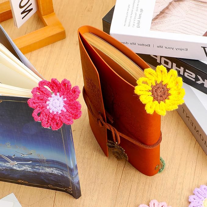 Ouligay 6 Pack Crochet Bookmarks for Women Daisy Sunflower Book Marker Personalized Handmade Cute Bookmark Gifts for Book Lovers and Teachers,Bag Charms,Keychain