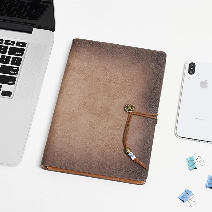 WONDERPOOL Leather Journal A5 Refillable 6 Ring Binder Notebook with Lined Paper and Pen,Writing Diary for Work Travel and Agenda Plan (A5, a-Maroonpink)