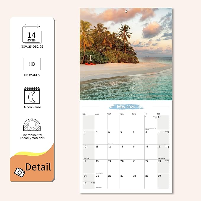 Wall Calendar 2026 Planner Calendar - Maldives Hangable Monthly Wall Calendar with Large Blocks for Organizing & Planning, Academic Schedule, Home, Office & family, Thick & Sturdy Paper (12"x24" Open)