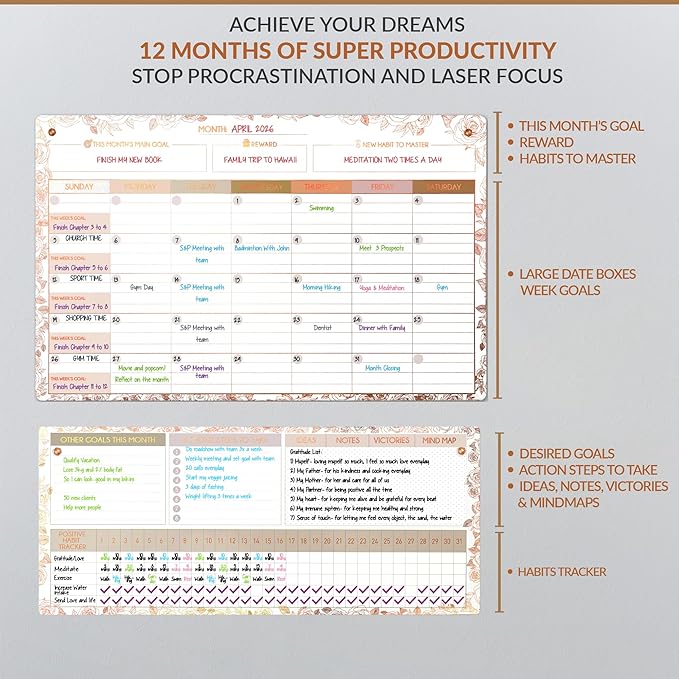 Magnetic Whiteboard for Fridge - Large Dry Erase Calendar for Wall | 3 Magnetic Dry Erase Board 10.5" x 16.5" & 7" x 16.5", Monthly Goal Setting & Habit Tracker, 5 Markers and 6 Adhesive Hooks