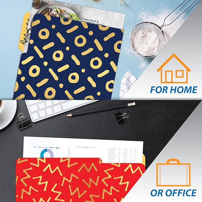Better Office Products Decorative File Folders with Gold Foil, 18 Pack, 9 Geometric Designs, Red/Black/Blue Color Theme, Heavyweight, Letter Size (9.5" x 11.5") with 1/3 Cut Tab, Fashion Folders