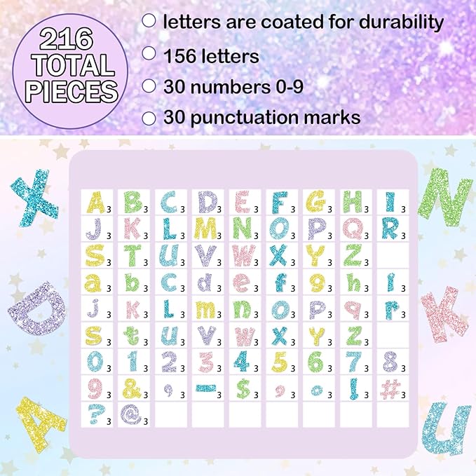 Colarr 216 Pcs Glitter Bulletin Board Letters for Classroom Number Alphabet Punctuation Symbol Cutout 4'' Die-Cut Poster Letter with Adhesive Dot School Party Holiday Decor Display(Mixed)