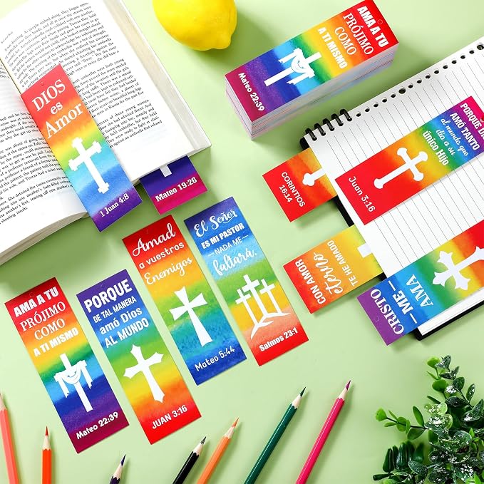 Cholemy 200 Pcs Spanish Christian Bookmark with Bible Verse Religious Inspirational Paper Cristo Me AMA Bookmarks Bulk Jesus Loves Me Party Favors for Kids Sunday School Classroom Church Gift
