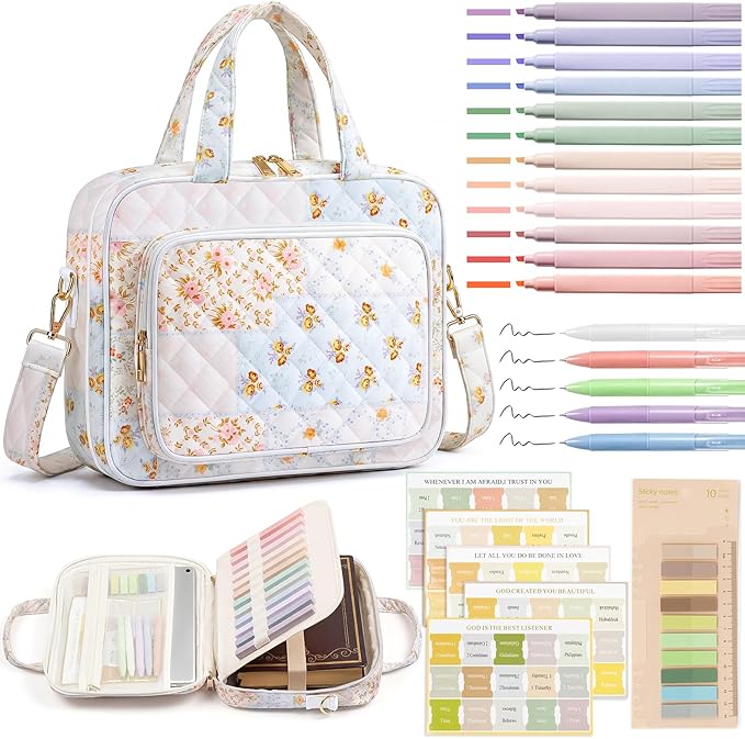 Bible Bag for Women, Large Bible Cover Case with Study Supplies,Girls Carrying Case with Highlighters, Pens, Bible Tabs, Sticky Notes, Christian Gifts for Girls, Mom, Easter Mothers Day Religious Gift