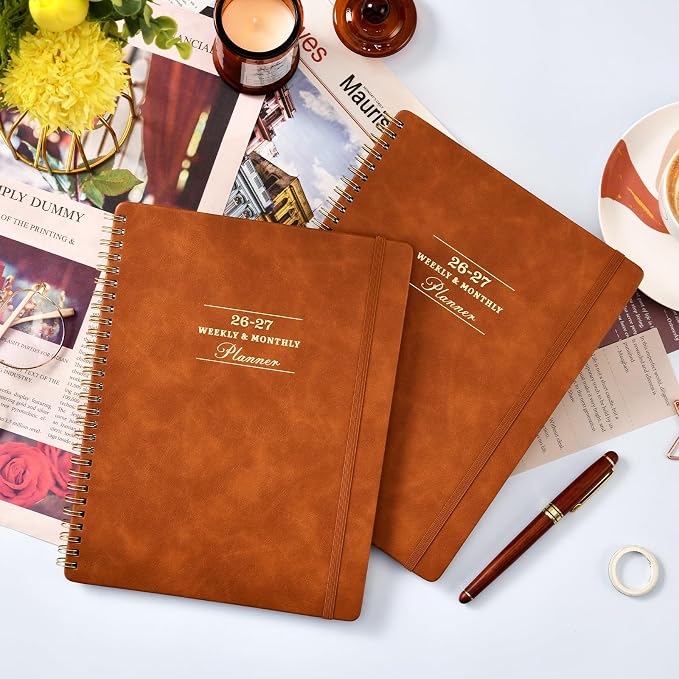 Planner 2026-2027 - July 2026 - June 2027, 2026-2027 Academic Weekly Monthly Planner, 8" x 10", Leather Brown Cover, Spiral Bound, Tabs