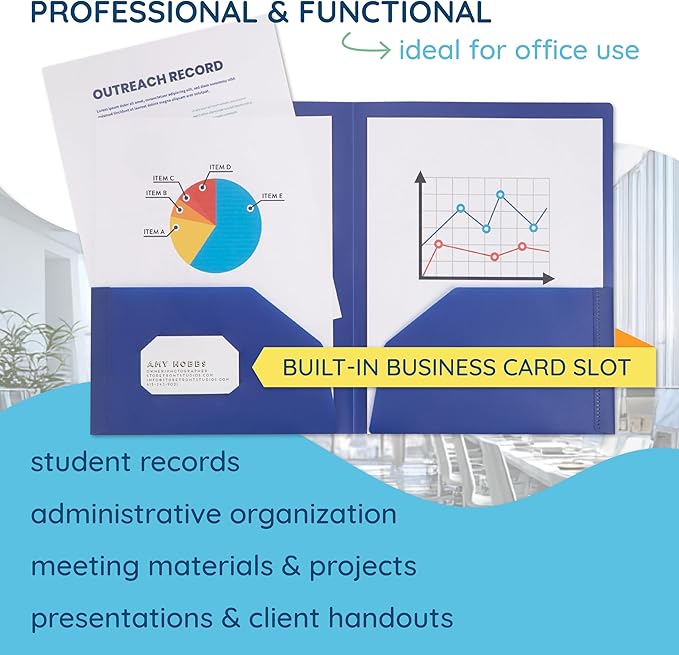 Blue Summit Supplies 12 Pack Multicolor Two Pocket Plastic Folders with Pockets, Heavy Duty Colored 2 Pocket Plastic Folders for School, and Business Card Slot, Home, and Work
